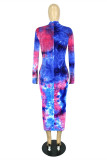 Red Blue Fashion Casual Print Tie Dye Basic O Neck Long Sleeve Plus Size Dresses