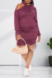 Fuchsia Casual Solid Hollowed Out Patchwork Frenulum Fold Hooded Collar One Step Skirt Dresses
