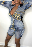 Grey Sexy Print Patchwork Mandarin Collar Skinny Rompers