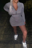 Grey Sexy Solid Patchwork Zipper Collar Pencil Skirt Dresses