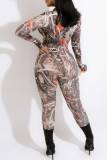 Orange Sexy Print Patchwork Zipper Zipper Collar Regular Jumpsuits