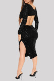 Black Fashion Sexy Solid Hollowed Out Sequins Slit V Neck Long Sleeve Dresses