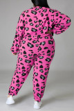 Pink Casual Print Leopard Patchwork O Neck Plus Size Two Pieces
