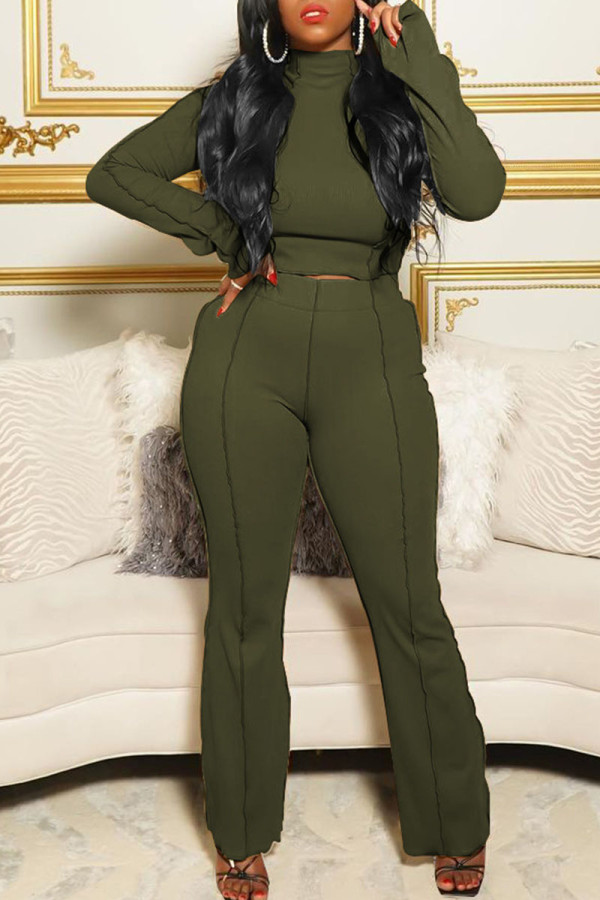 Army Green Casual Solid Patchwork Turtleneck Long Sleeve Two Pieces