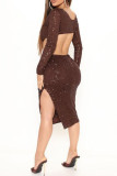 Brown Fashion Sexy Solid Hollowed Out Sequins Slit V Neck Long Sleeve Dresses
