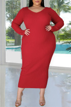 Red Fashion Casual Solid Basic V Neck Long Sleeve Plus Size Dresses