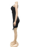 Brownness Fashion Sexy Solid Draw String Backless Fold Spaghetti Strap Sleeveless Dress Dresses