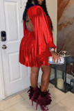 Red Fashion Casual Solid Hollowed Out V Neck Long Sleeve Dresses