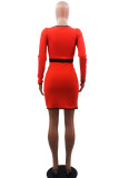 Tangerine Red Casual Solid Split Joint Buttons U Neck One Step Skirt Dresses