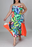 Orange Casual Print Split Joint Spaghetti Strap Cake Skirt Plus Size Dresses