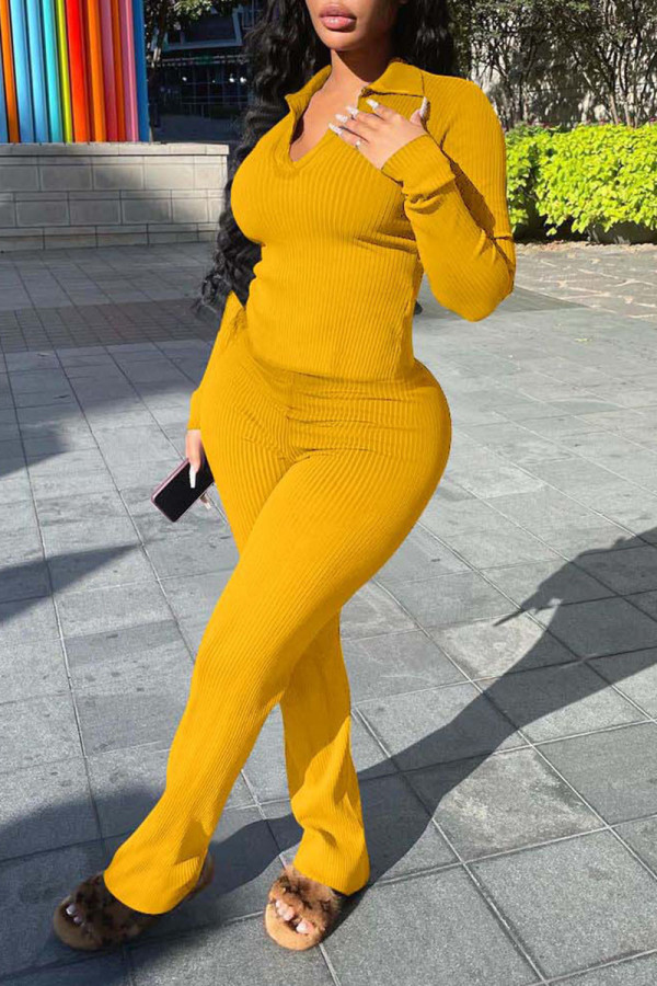Yellow Casual Solid Patchwork V Neck Long Sleeve Two Pieces