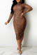Coffee Sexy Solid Sequins Backless Fold Turtleneck Long Sleeve Dresses