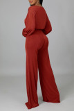 Red Casual Solid Patchwork O Neck Long Sleeve Two Pieces