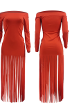 Red Sexy Solid Tassel Off the Shoulder Straight Dresses
