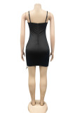 Brownness Fashion Sexy Solid Draw String Backless Fold Spaghetti Strap Sleeveless Dress Dresses