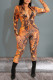 Orange Fashion Casual Print Basic Zipper Collar Skinny Jumpsuits