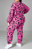 Pink Casual Print Leopard Patchwork O Neck Plus Size Two Pieces