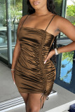 Brownness Fashion Sexy Solid Draw String Backless Fold Spaghetti Strap Sleeveless Dress Dresses