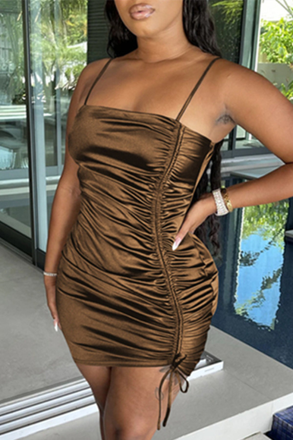 Brownness Fashion Sexy Solid Draw String Backless Fold Spaghetti Strap Sleeveless Dress Dresses