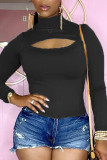 Black Fashion Casual Solid Hollowed Out Turtleneck Tops
