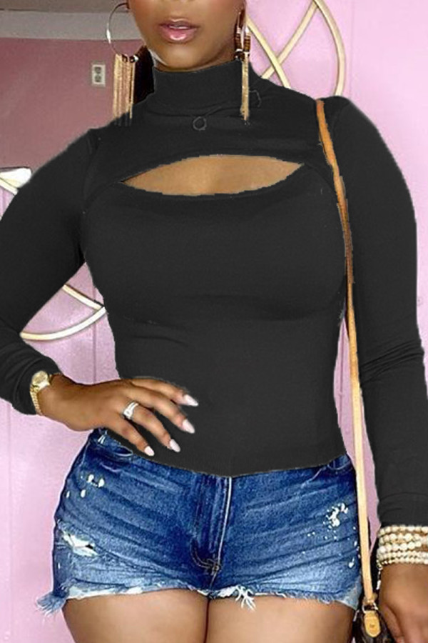 Black Fashion Casual Solid Hollowed Out Turtleneck Tops