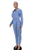 Light Blue Fashion Casual Solid Patchwork Turndown Collar Long Sleeve Two Pieces