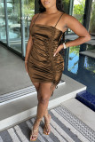 Brownness Fashion Sexy Solid Draw String Backless Fold Spaghetti Strap Sleeveless Dress Dresses