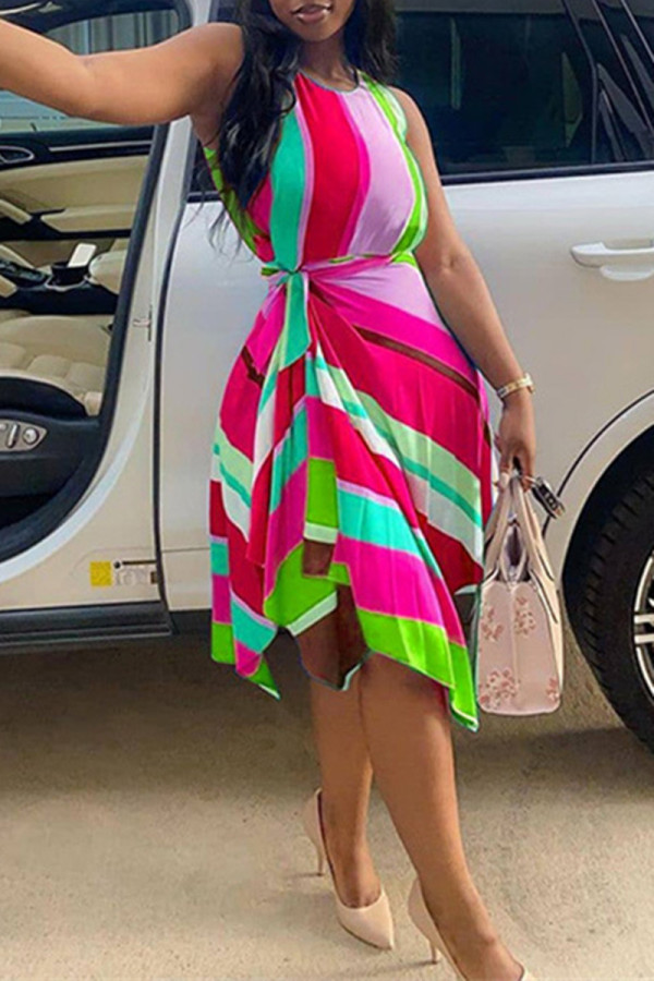 Red Fashion Casual Print Asymmetrical O Neck Sleeveless Dress