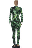 Green Fashion Adult Living Print Pants V Neck Skinny Jumpsuits