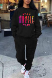 Black Fashion Casual Print Basic O Neck Long Sleeve Two Pieces