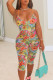 Green Sexy Print Patchwork U Neck Skinny Rompers