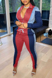 Red Casual Print Patchwork Zipper Long Sleeve Two Pieces