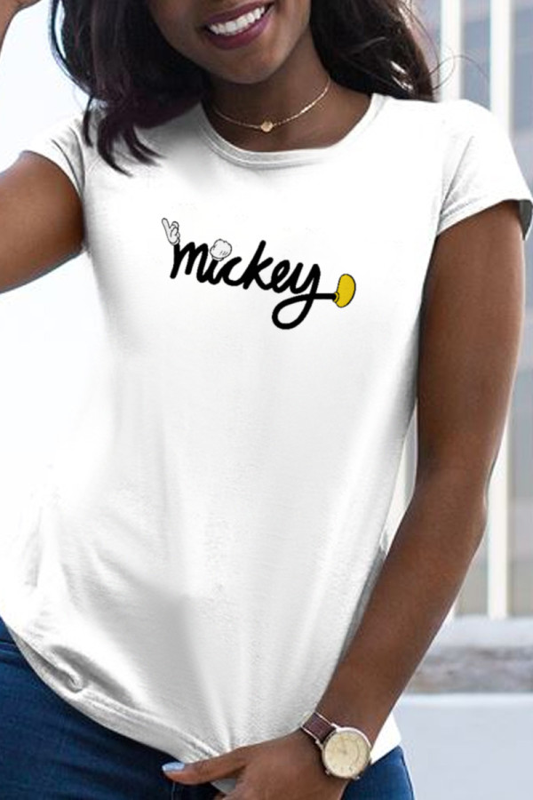 White Casual Street Print Patchwork O Neck T-Shirts