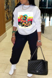 White Fashion Casual Print Basic O Neck Long Sleeve Two Pieces