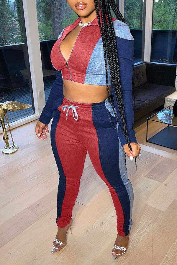 Red Casual Print Patchwork Zipper Long Sleeve Two Pieces