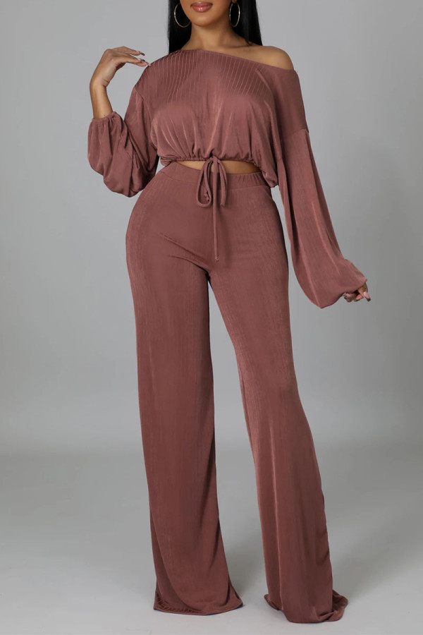 Red Bean Paste Casual Solid Patchwork O Neck Long Sleeve Two Pieces