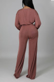 Red Casual Solid Patchwork O Neck Long Sleeve Two Pieces