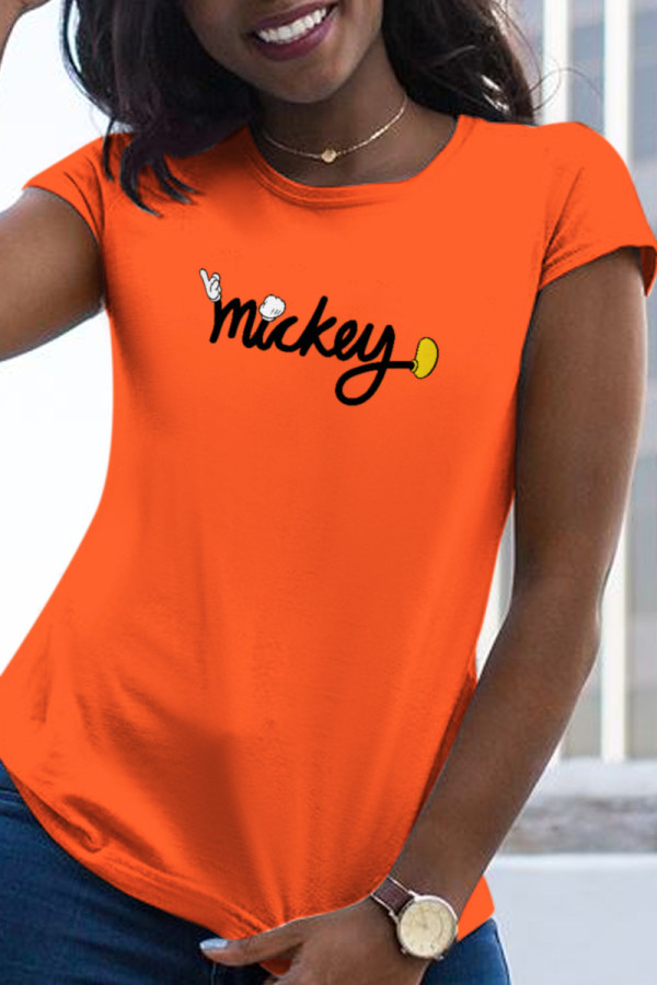 Orange Casual Street Print Patchwork O Neck T-Shirts