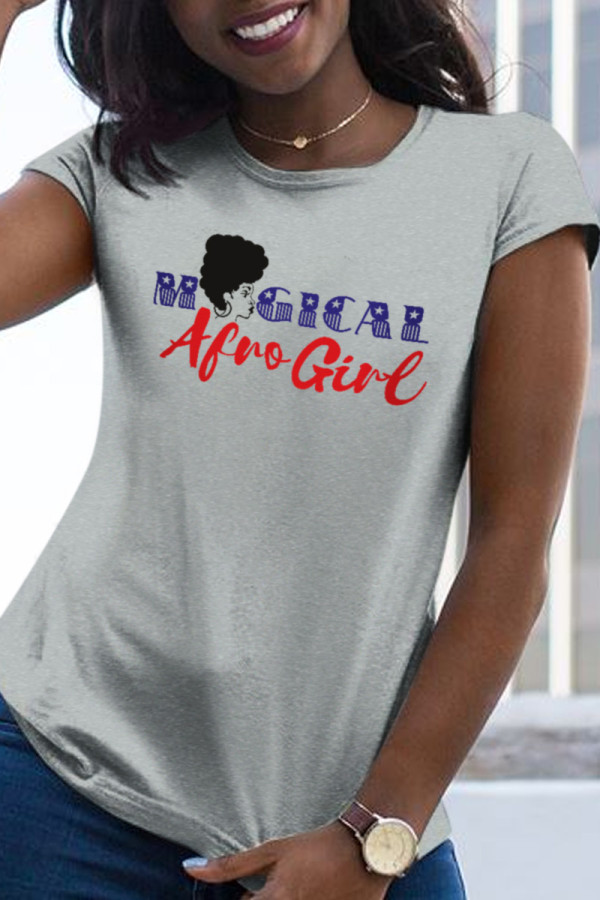 Grey Sweet Street Print Patchwork O Neck Tops