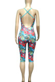 Red Sexy Print Patchwork U Neck Skinny Rompers