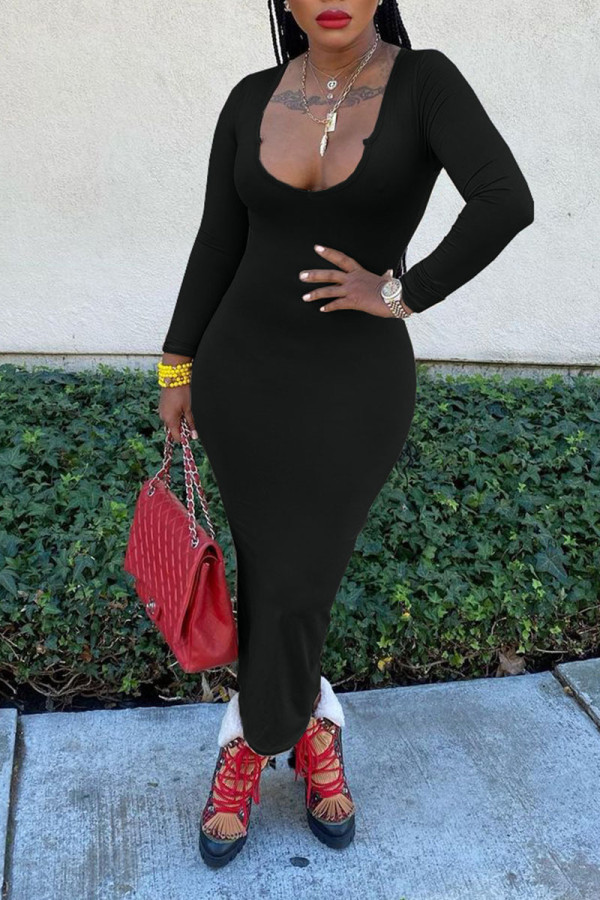 Black Sexy Solid Patchwork V Neck One Step Skirt Dresses