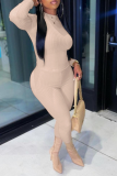 Apricot Sexy Solid Patchwork O Neck Long Sleeve Two Pieces