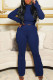 Tibetan Blue Casual Solid Patchwork Turtleneck Long Sleeve Two Pieces