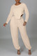 Apricot Casual Solid Patchwork Asymmetrical O Neck Long Sleeve Two Pieces