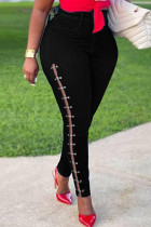 Black Fashion Casual Solid Hollowed Out Metal Accessories Decoration Mid Waist Regular Denim Jeans