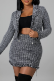 Black Sexy Vintage Patchwork Tassel Turndown Collar Long Sleeve Two Pieces