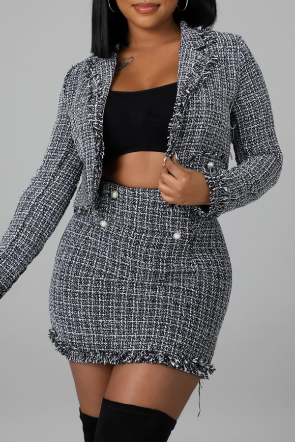 Black Sexy Vintage Patchwork Tassel Turndown Collar Long Sleeve Two Pieces