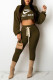 Olive Green Fashion Casual Print Letter Hooded Collar Long Sleeve Two Pieces
