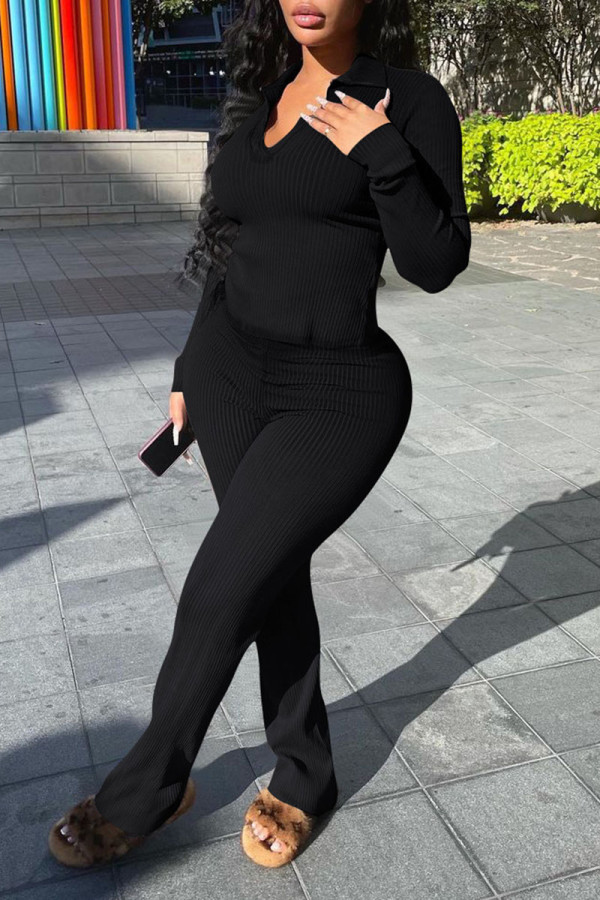 Black Casual Solid Patchwork V Neck Long Sleeve Two Pieces