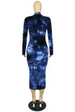 Yellow And Blue Fashion Casual Print Tie Dye Basic O Neck Long Sleeve Plus Size Dresses